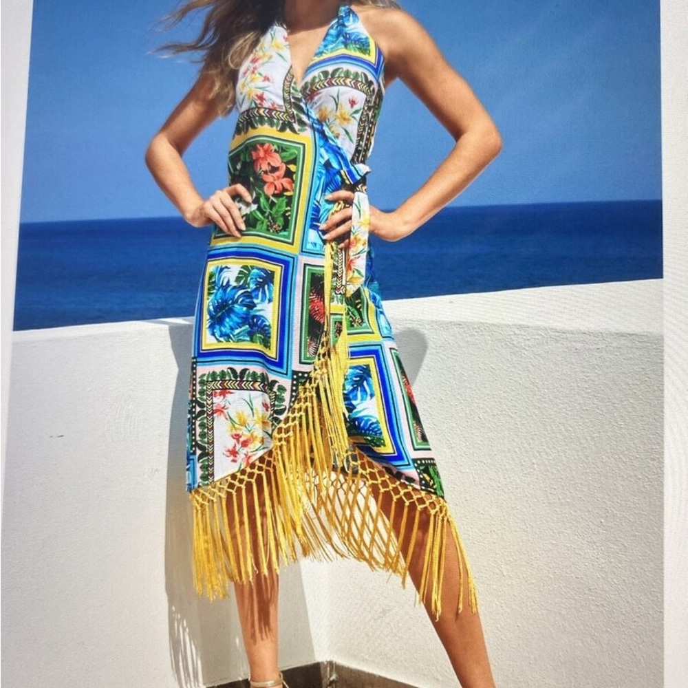 Boston Proper Multicolor Halter Dress with Fringe